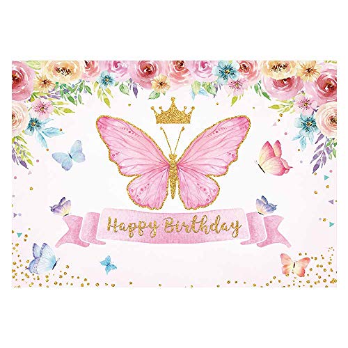 Allenjoy Feliz Cumpleaños Mariposa Fiesta Fondo Bebé Niñas Hada Princesa Rosa Floral Oro Fotografía telón de fondo Niños Dulce Pastel Mesa Banner Decoración Suministros