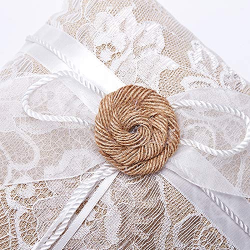 AmaJOY Cojín de anillo de boda yute hechas a mano con Flores arpillera 19 cm * 19 cm