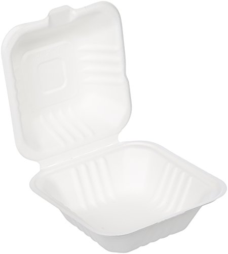 AmazonBasics - Recipientes de comida para llevar desechables, diseño de almeja, convertibles en abono ecológico y biodegradables, 15 x 15 x 8 cm, 125 unidades