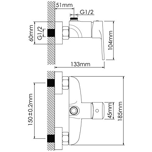 Amzdeal Grifo de ducha, Mezclador monomando de baño, con Cuerpo de latón y Mango de aleación de zinc, Cromo