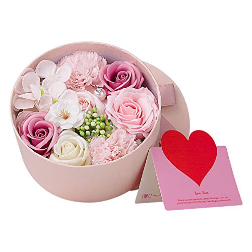 ANBET Artificial Flowers with Pink Round Gift Box Fake Rose Carnation Bouquets Women Gift for Valentine's Day, Mother's Day, Wedding, Home Décor (Pink, 16.5x8cm)