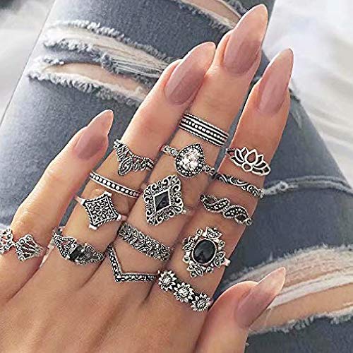 Anillo de Aleación,Vintage Punk étnico Cristal Plata Anillos Juegos para Mujeres Anillo de nudillo Sello Conjunto Con,Cuatro Estilos Diferentes, 46 Anillos.