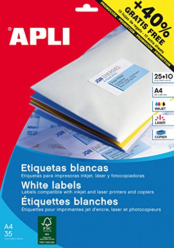 APLI 13883 - Etiquetas blancas permanentes Ø 40,0 mm 25 hojas