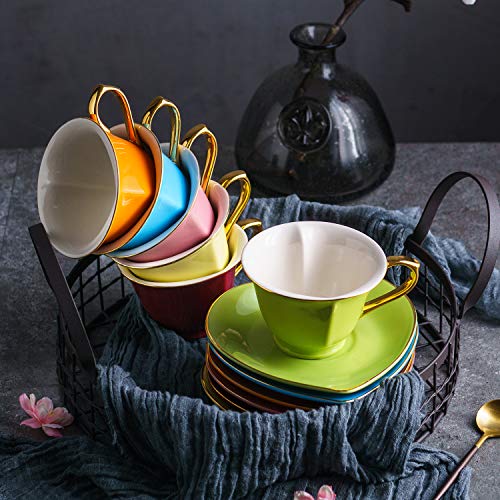 Artvigor 6 Juegos de Tazas de Café/Té de Porcelana Tazas de Cerámica, 150 ml, Juegos de Vajillas de Agua/Leche para Hogar, Oficina, Cafetería, Regalo para Cumpleaños, Festival - Forma de Corazón