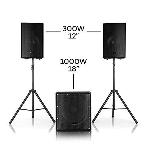 Auna Cube 1812 - Equipo de PA 2.1, 1600 W de Potencia Total, Subwoofer de 46 cm, 2 Altavoces de 30 cm, Tecnología para biamplificar, Eco, Control de Graves y Agudos, Incluye Accesorios, Negro