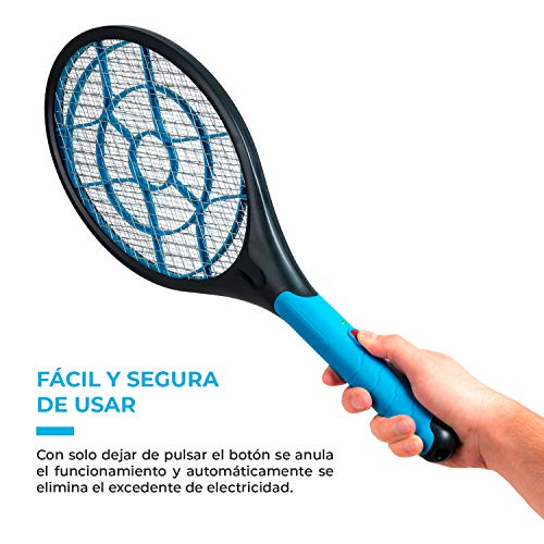 AVISPALA Raqueta eléctrica para Matar Moscas, Mosquitos y Avispas. Matamoscas eléctrico. Caza Insectos voladores Dentro y Fuera de casa. Extermina bichos Jugando. Funciona con 2 Pilas AA