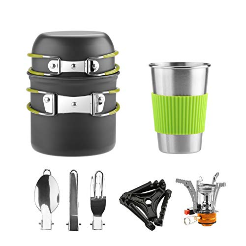 Awroutdoor Utensilios Cocina Camping Kit con Estufa Trekking, 1.2 L Ollas Camping y 0.6 L Sartén, Taza de Acero Inoxidable, Cubiertos Plegable - Cacerolas de Acampada de Camping y Viaje