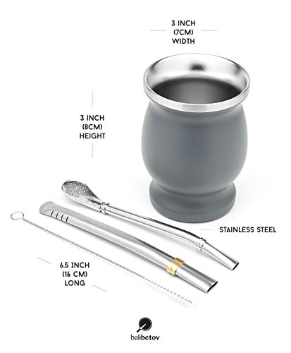 BALIBETOV Set de Mate de Doble Pared de Acero Inoxidable - Alternativa Mate de Calabaza - facil de Limpiar - Incluye 2 Bombillas (sorbetes) para Yerba Mate (Gris)