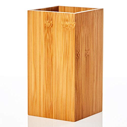 bambuswald© Soporte para utensilios ǀ Caja de bambú - rústico y natural - 12 x 12 x 23 cm ǀ Bloque universal: Cajón para utensilios de cocina - Jarrón decorativo - Porta botellas de vino