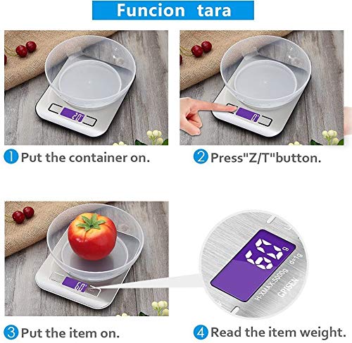 Básculas de cocina,Smart Digital Báscula con Pantalla LCD para Cocina de Acero Inoxidable, 5kg/11lbs, Balanza de Alimentos Multifuncional, Alta precisión hasta 1g, función de Tara (con 2 Baterías)