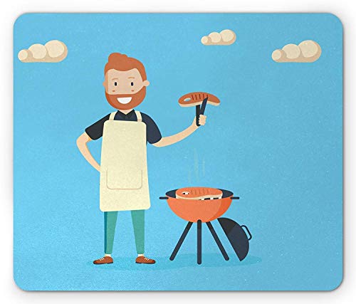 BBQ Party Mouse Pad, Cheerful Man Cooking Steak on a Grill in a Sunny Day Outdoor Barbecue Party, Standard Size Rectangle Non-Slip Rubber Mousepad, Blue 9.8 X 11.8 Inch