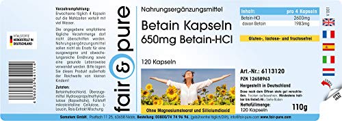 Betaína HCl 650mg - Clorhidrato de Betaína - Vegana - Alta pureza - 120 Cápsulas