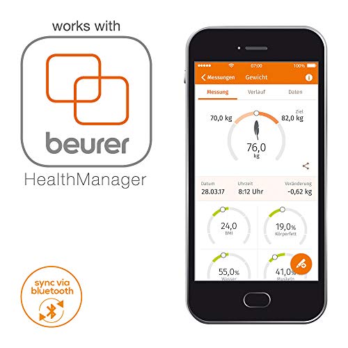 Beurer BF105 - Báscula Diagnóstica Bluetooth , Báscula de Baño Corporal Compatible con la App en Español Health Manager, 8 Electrodos para Zona Inferior y Superior, Android y iOS, Silver Negro
