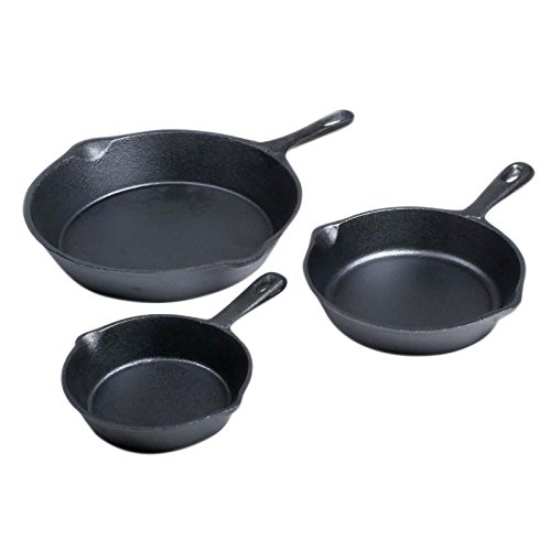 Big BBQ Set of Three Frying Pans and Steak Pan Cast Iron Round Smooth