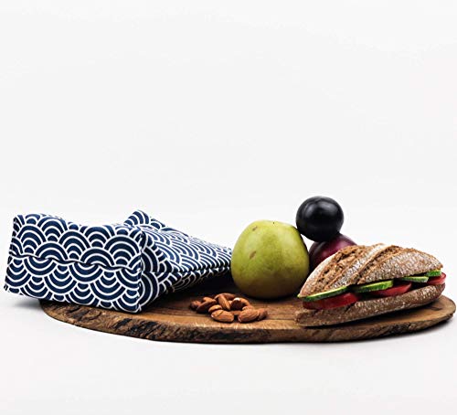 Bolsa para comida, fruta, frutos secos, bocadillo. Bolsa reutilizable e impermeable. Producto eco, cero residuo. Estampado japonés ondas azul