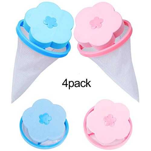 Bolsas de Filtro de Pelusa para Lavadora Bolso de Malla Flotante de Reutilizable Colector de Pelo con Forma de Flor Esponja Portátil Atrapador de Pelusas para Lavandería Azul y Rosa 4 Pack