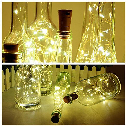 Botella de vino Luces con corcho, 2 metros con 20 LED Luces de cadena de alambre de cobre para botella Decoración de bricolaje, Bbq al aire libre, Fiesta, Boda,Vacaciones (Blanco cálido) Paquete de 10