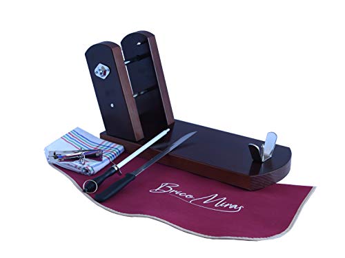 BRICOMIRAS JAMONERO Modelo Rioja Premium, Regalo Pinza Arcos + Cuchillo + CHAIRA + CUBREJAMÓN (Burdeos) + PAÑO, Soporte JAMONERO Ideal Uso DOMÉSTICO Y Profesional (Nogal)