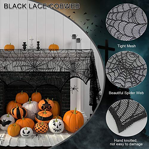 BUZIFU Set de Decoración de Halloween Contiene Una Telaraña, 30 Arañas de Plástico y Una Tela de Encaje Negro para Decorar Chimeneas/Puertas/Ventanas, Telaraña de Halloween, para Fiesta Tienda y Hogar