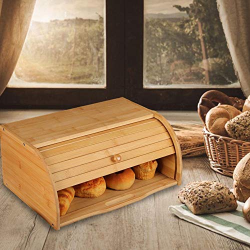 Caja De Pan De Bambú Grande, Caja De Pan con Tapa Enrollable De Bambú Natural, Almacenamiento De Alimentos En La Cocina, Recipiente De Pan para Encimera De Cocina, 15.8x10.6x6.8in - Autoensamblaje