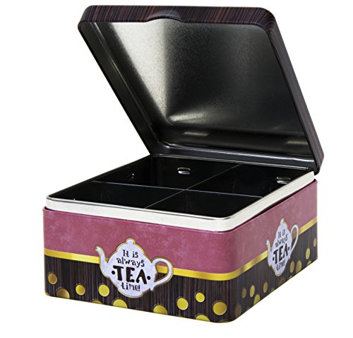 Caja de té – It Is Always Tea Time – Mezcla clásica estilo retro vintage – lata dividida con 4 compartimentos