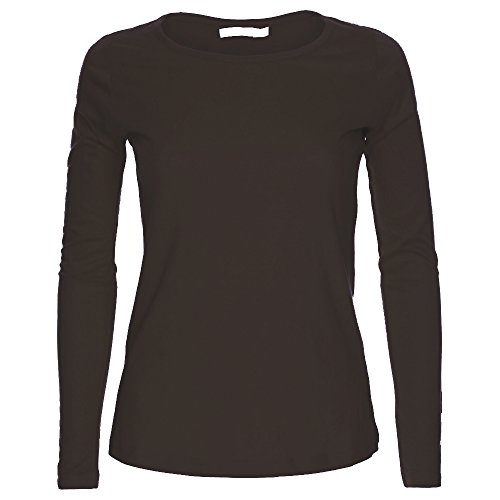 Camiseta de manga larga para mujer, cuello redondo, diseño liso. Tallas S-XL Marrón chocolate S/M Para encaja 36-38