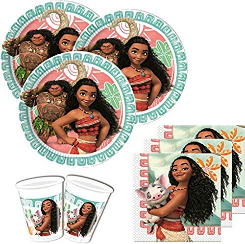 CAPRILO Lote de Cubiertos Infantiles Desechables Decorativos Vaiana (8 Vasos, 8 Platos y 20 Servilletas) .Vajillas. Juguetes y Regalos Fiestas de Cumpleaños, Bodas, Bautizos, Comuniones y Eventos. L1