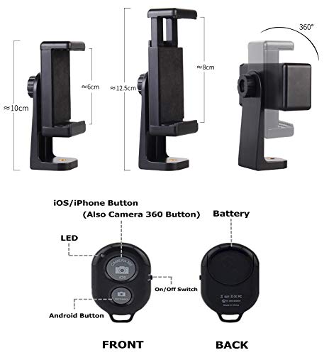 CCRoom Aluminio de Trípode de la Cámara, Trípode de Teléfono con Control Remoto Bluetooth y Smartphone Clip Mount Apto para iPhone Samsung e Altre Smartphones (Negro)