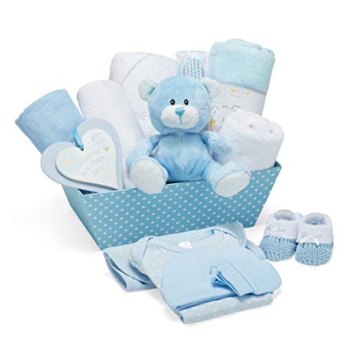 Cesta Regalo Bebé Niño Color Azul - Con Manta de Forro Polar, Toalla con Capucha, Ropa Bebé, 2 Muselinas Bebé y Osito de Peluche