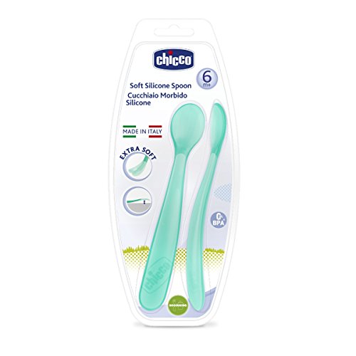 Chicco - Cuchara blanda de silicona con forma ergonómica 6m+ 2ud, color azul