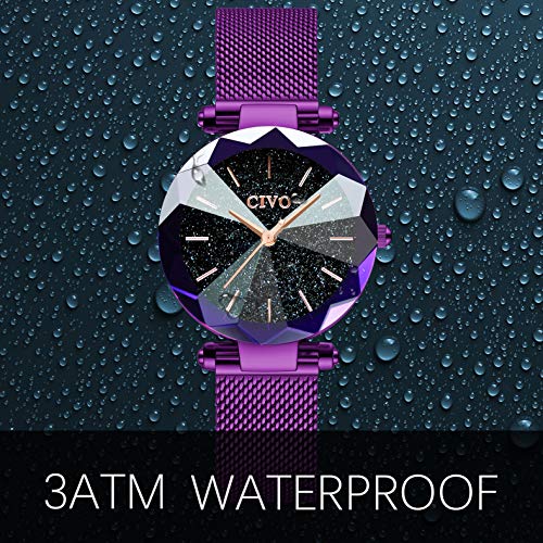 CIVO Relojes para Mujer Reloj Damas de Malla Impermeable Minimalista Oro Rosa Elegante Banda de Acero Inoxidable Relojes de Pulsera Moda Vestir Negocio Casual Reloj de Cuarzo (Violeta)