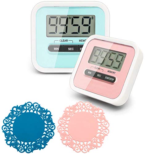 CKANDAY 2 Paquete temporizador de cocina digital con 2 mini posavasos de té, reloj con Alarma con soporte y clip magnéticos, minuto segundo positivo Cuenta atrás transparente Pantalla LCD grande