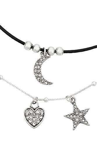 Collar de Triple Capa de Encanto Celestial en Plata 18ct. Efecto Cristal Tres Capas Estrellas de Luna Corazón Hamsa Collar de Mano para Mujeres 41cm 43cm 52cm