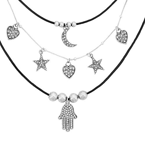 Collar de Triple Capa de Encanto Celestial en Plata 18ct. Efecto Cristal Tres Capas Estrellas de Luna Corazón Hamsa Collar de Mano para Mujeres 41cm 43cm 52cm