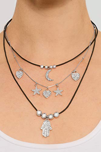 Collar de Triple Capa de Encanto Celestial en Plata 18ct. Efecto Cristal Tres Capas Estrellas de Luna Corazón Hamsa Collar de Mano para Mujeres 41cm 43cm 52cm