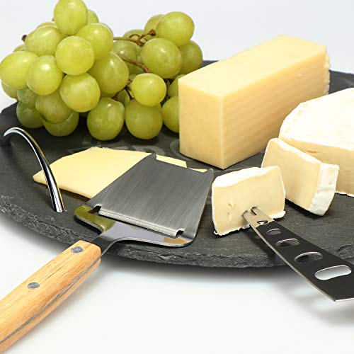 com-four® Plato para Servir de 3 Piezas, Tabla de quesos de Pizarra con Cuchillo de Queso y rebanador de Queso, para Servir especialidades de Queso