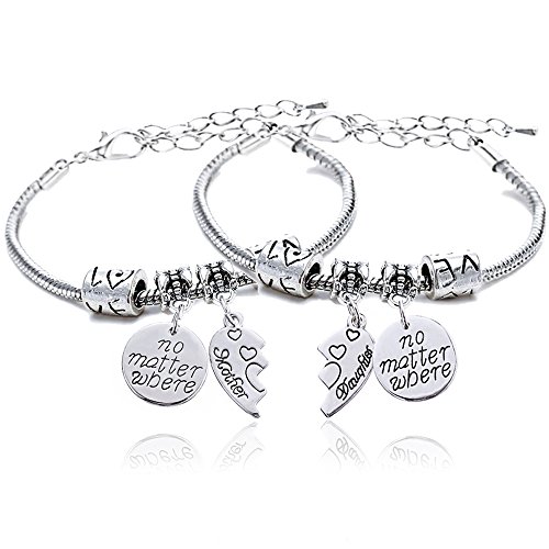 Conjunto de 2 pulseras para madre e hija con colgante redondo con mensaje "No matter where" y corazón dividido, regalo para mujer