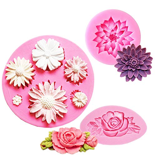 Daimay - 3 moldes de silicona para tartas, fondant, pastel de boda, decoración de chocolate, soap, decoración de tartas, herramientas, rosa, girasoles, color rosa