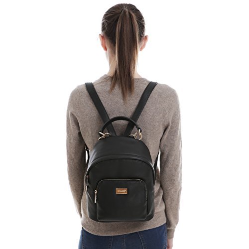 David Jones - Bolso Mochila Mujer Pequeña - Morral Cuero Piel PU Suave - Backpack Daypack Casual Mini Señora Niña - Bolsos de Mano Hombro Viaje Escolar Universidad Colegio Ocio Elegante Moda - Negro