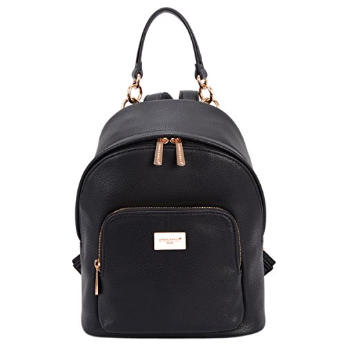 David Jones - Bolso Mochila Mujer Pequeña - Morral Cuero Piel PU Suave - Backpack Daypack Casual Mini Señora Niña - Bolsos de Mano Hombro Viaje Escolar Universidad Colegio Ocio Elegante Moda - Negro