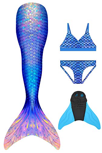 Decool Cola de Sirena Traje de Baño Sirena de Las Muchachas Bikini 4pcs Set, Princesa Cosplay Conjunto con Cola de Sirena Monofín