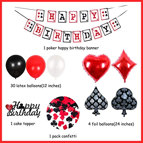 Decoraciones para Fiestas de Casino - Banner de Feliz cumpleaños con temática de póker, confetis y Globos para la Noche de Casino Suministros para Fiestas en Las Vegas
