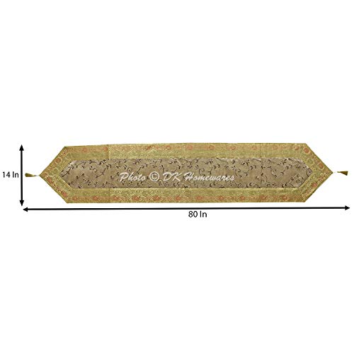 DK Homewares Tradicional Decorativa 72 X 14 Paño Mesa Brocado Embroidered Borla Trabajo Jacquard Frontera Floral Étnico 6 Ft Camino De Mesa (180 X 40 Cm ; Oro Y Gris)