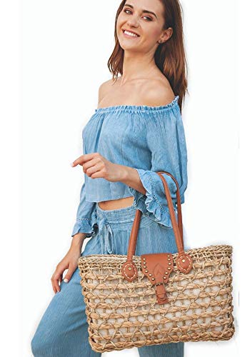 DONATZELLI Bolso De Verano Mujer Capazo Mimbre Trenzado Seagrass Forro Interior Cierre Cordón Seguro Shopper Paja Grande Compras Viaje Asas Hombro Vacaciones Uso Diario 48x29x16