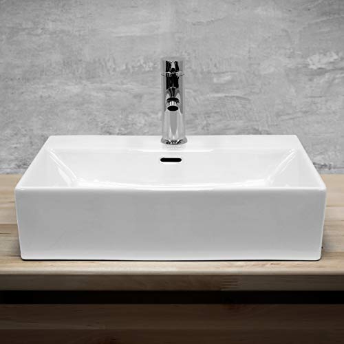 ECD Germany Lavabo Rectangular cerámica con Agujero Grifo - Blanco - Aseo lavamanos sobre encimera - 515x360x130 mm - diseño Moderno - Pila sin desbordamiento desagüe para el Cuarto de baño