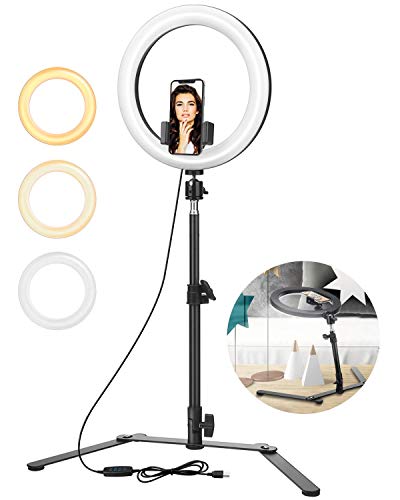 ELEGIANT Anillo de luz Trípode LED 10", Aro Soporte de Luz de Selfie de Regulable 3 Colores de Luz + 11 Niveles de Brillo, Trípode de Teléfono Móvil para Tiktok Youtube Transmisión en Vivo Volg