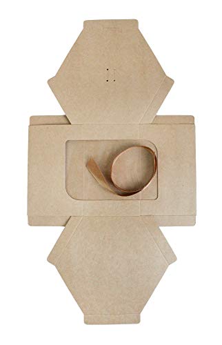 Emartbuy Bolsa de Regalo Hexagonal Papel Fuerte Levántate, 13 cm x 13 cm x 14 cm, Bolso Kraft Marrón Caja de Magdalenas Galletas Mollete Tarta Con Ventana Transparente y Cinta - Paquete de 12