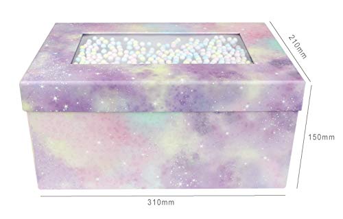 Emartbuy Lujo Rígido Caja de Regalo de Presentación en Forma de Rectángulo, 31 x 21 x 15 cm, Caja Rosa Pastel Morado Con Tapa, Interior Marrón Chocolate y Decoración de Bolas Multicolores