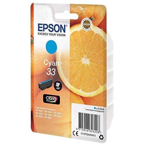 Epson Claria Premium 33 - Cartucho de tinta cian estándar 4,5 ml válido para los modelos Expression Premium XP-530, XP-540, XP-630, XP-635, XP-900 y otros, Ya disponible en Amazon Dash Replenishment