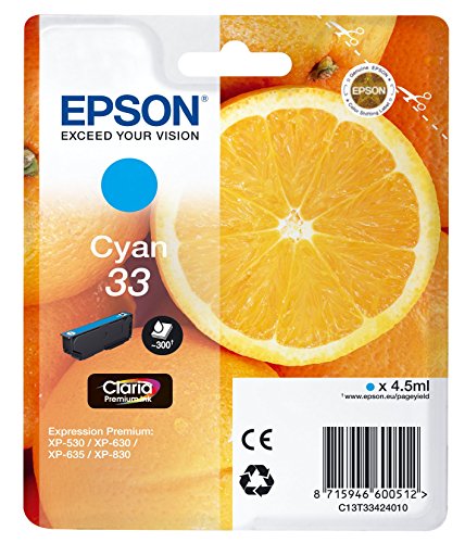 Epson Claria Premium 33 - Cartucho de tinta cian estándar 4,5 ml válido para los modelos Expression Premium XP-530, XP-540, XP-630, XP-635, XP-900 y otros, Ya disponible en Amazon Dash Replenishment